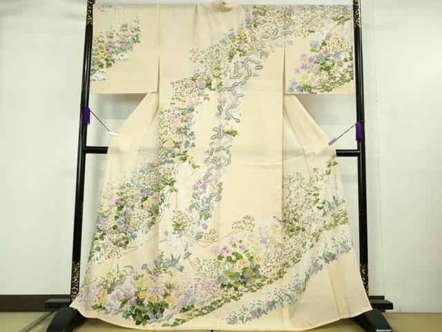 平和屋本店＊極上　夏物　訪問着　絽　四季花文　薄卵色地　逸品　DZAB6137kh6