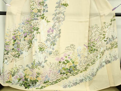 平和屋本店＊極上　夏物　訪問着　絽　四季花文　薄卵色地　逸品　DZAB6137kh6