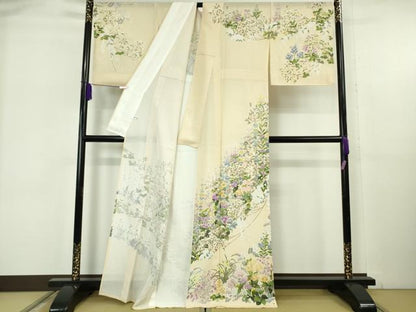 平和屋本店＊極上　夏物　訪問着　絽　四季花文　薄卵色地　逸品　DZAB6137kh6