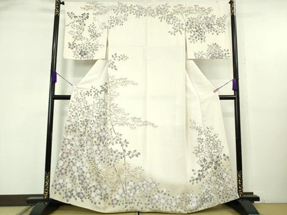 平和屋本店●極上　訪問着　手刺繍　枝葉　草花文　鳥の子色地　暈し染め　三越扱い　逸品　DZAB6139kh6