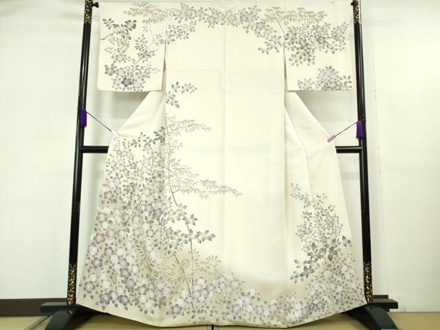 平和屋本店●極上　訪問着　手刺繍　枝葉　草花文　鳥の子色地　暈し染め　三越扱い　逸品　DZAB6139kh6