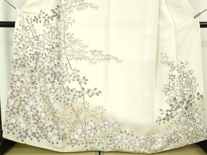 平和屋本店●極上　訪問着　手刺繍　枝葉　草花文　鳥の子色地　暈し染め　三越扱い　逸品　DZAB6139kh6