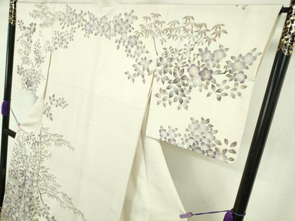 平和屋本店●極上　訪問着　手刺繍　枝葉　草花文　鳥の子色地　暈し染め　三越扱い　逸品　DZAB6139kh6