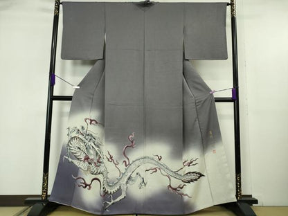 平和屋本店●極上　染色作家　草野一騎　色留訪問着　手描き　龍　褐色地　暈し染め　逸品　DZAB6141kh6