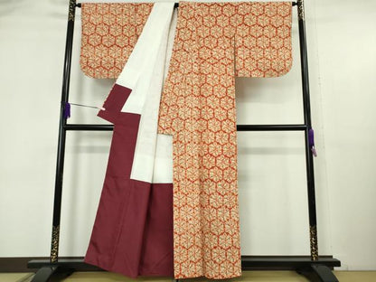 平和屋本店●極上　岩手の匠　草紫堂　南部絞り　茜染　紬　麻の葉文様　正絹　逸品　DZAB6142kh6