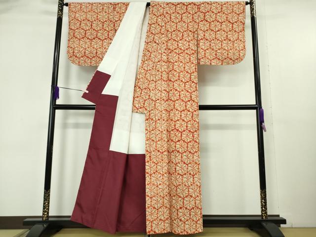 平和屋本店●極上　岩手の匠　草紫堂　南部絞り　茜染　紬　麻の葉文様　正絹　逸品　DZAB6142kh6