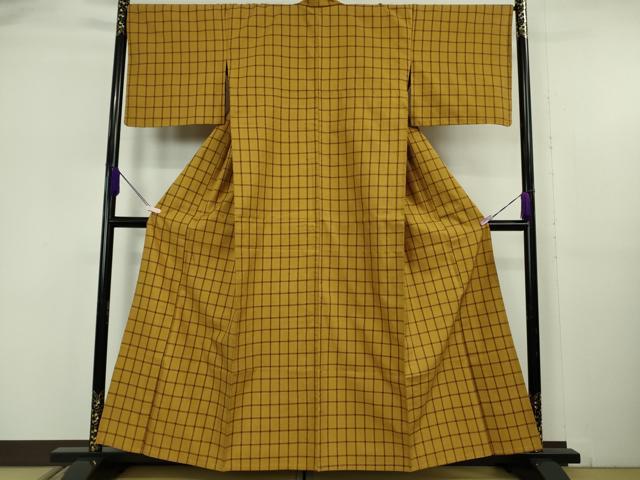 平和屋本店▽極上　山下八百子　本場黄八丈　市松綾織　紬　単衣　格子　逸品　未使用　DZAB6146kh6