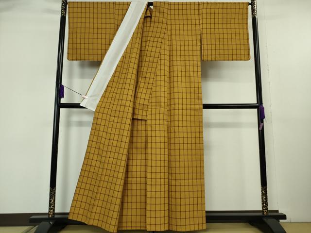 平和屋本店▽極上　山下八百子　本場黄八丈　市松綾織　紬　単衣　格子　逸品　未使用　DZAB6146kh6