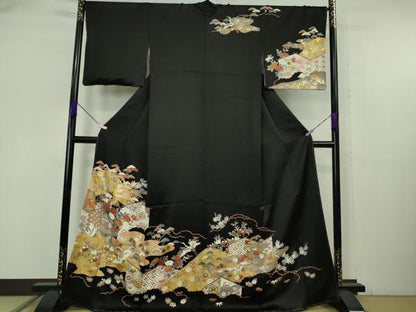 平和屋本店●極上　訪問着　駒刺繍　幔幕飛鶴吉祥花文　黒地　金彩　反端付き　逸品　未使用　DZAB6149kh6