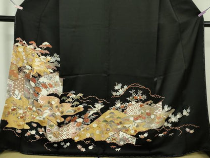 平和屋本店●極上　訪問着　駒刺繍　幔幕飛鶴吉祥花文　黒地　金彩　反端付き　逸品　未使用　DZAB6149kh6