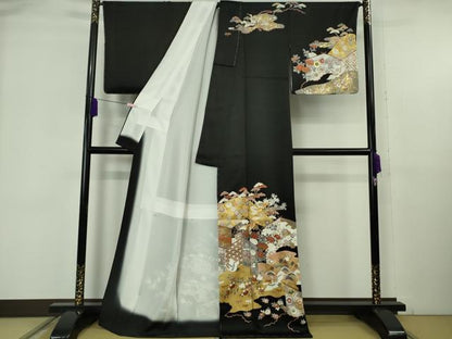 平和屋本店●極上　訪問着　駒刺繍　幔幕飛鶴吉祥花文　黒地　金彩　反端付き　逸品　未使用　DZAB6149kh6