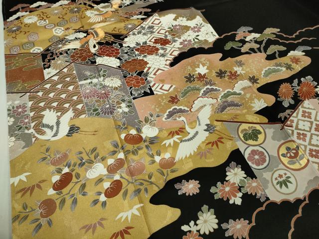 平和屋本店●極上　訪問着　駒刺繍　幔幕飛鶴吉祥花文　黒地　金彩　反端付き　逸品　未使用　DZAB6149kh6