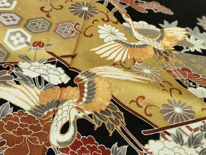 平和屋本店●極上　訪問着　駒刺繍　幔幕飛鶴吉祥花文　黒地　金彩　反端付き　逸品　未使用　DZAB6149kh6