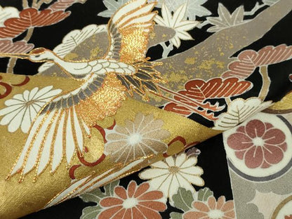 平和屋本店●極上　訪問着　駒刺繍　幔幕飛鶴吉祥花文　黒地　金彩　反端付き　逸品　未使用　DZAB6149kh6