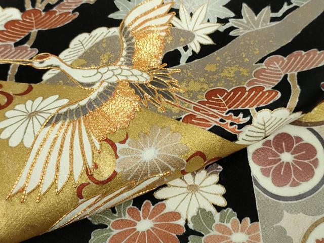 平和屋本店●極上　訪問着　駒刺繍　幔幕飛鶴吉祥花文　黒地　金彩　反端付き　逸品　未使用　DZAB6149kh6