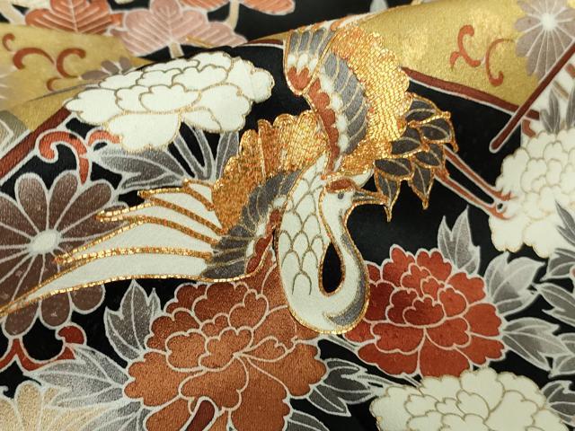 平和屋本店●極上　訪問着　駒刺繍　幔幕飛鶴吉祥花文　黒地　金彩　反端付き　逸品　未使用　DZAB6149kh6