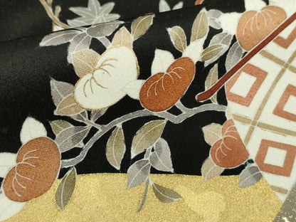 平和屋本店●極上　訪問着　駒刺繍　幔幕飛鶴吉祥花文　黒地　金彩　反端付き　逸品　未使用　DZAB6149kh6