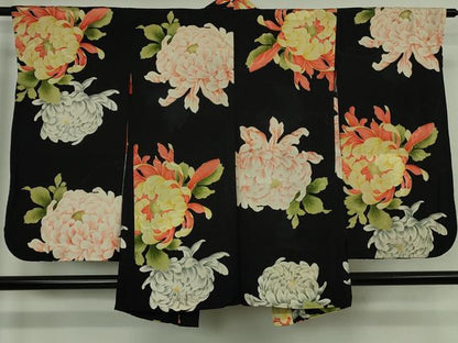 平和屋本店●極上　アンティーク　大正ロマン　羽織　乱菊　黒地　羽織紐付き　逸品　DZAB6160kh6