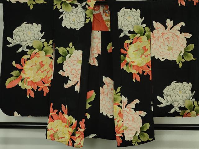 平和屋本店●極上　アンティーク　大正ロマン　羽織　乱菊　黒地　羽織紐付き　逸品　DZAB6160kh6