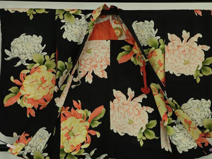 平和屋本店●極上　アンティーク　大正ロマン　羽織　乱菊　黒地　羽織紐付き　逸品　DZAB6160kh6