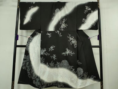 平和屋本店●希少　男性　訪問着　キングサイズ　胴抜き仕立て　駒刺繍　花唐草文　暈し染め　黒地　銀彩　逸品　未使用　DZAB6165kh6