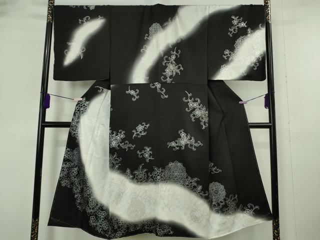 平和屋本店●希少　男性　訪問着　キングサイズ　胴抜き仕立て　駒刺繍　花唐草文　暈し染め　黒地　銀彩　逸品　未使用　DZAB6165kh6