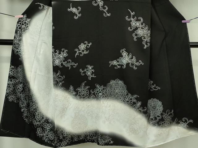 平和屋本店●希少　男性　訪問着　キングサイズ　胴抜き仕立て　駒刺繍　花唐草文　暈し染め　黒地　銀彩　逸品　未使用　DZAB6165kh6