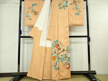平和屋本店●極上　野口彦太郎　大彦三代目　江戸染繍友禅　訪問着　刺繍　草花文　小麦色地　金糸　大丸扱い　逸品　DZAB6169kh6