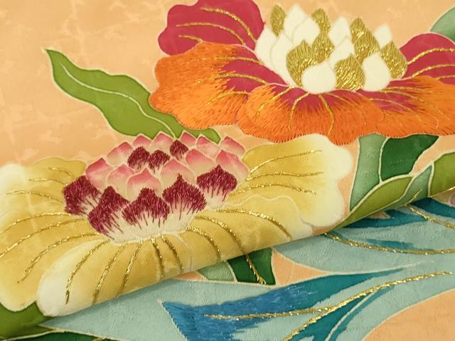 平和屋本店●極上　野口彦太郎　大彦三代目　江戸染繍友禅　訪問着　刺繍　草花文　小麦色地　金糸　大丸扱い　逸品　DZAB6169kh6