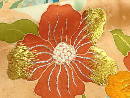 平和屋本店●極上　野口彦太郎　大彦三代目　江戸染繍友禅　訪問着　刺繍　草花文　小麦色地　金糸　大丸扱い　逸品　DZAB6169kh6