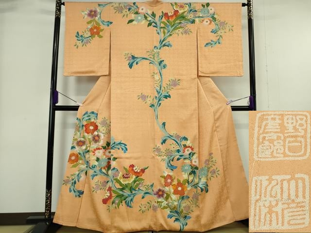 平和屋本店●極上　野口彦太郎　大彦三代目　江戸染繍友禅　訪問着　刺繍　草花文　小麦色地　金糸　大丸扱い　逸品　DZAB6169kh6