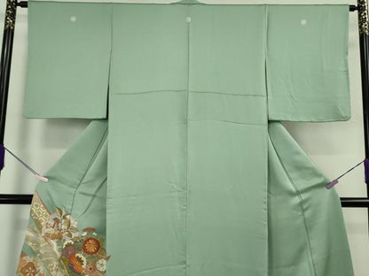 平和屋本店●極上　創業460年・千總　色留袖　駒刺繍　鬘帯雪輪花文　山葵色地　金彩　三越扱い　逸品　DZAB6173kh6