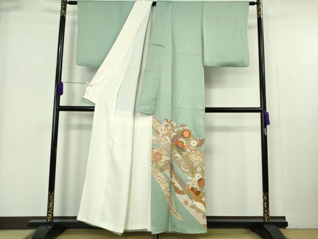平和屋本店●極上　創業460年・千總　色留袖　駒刺繍　鬘帯雪輪花文　山葵色地　金彩　三越扱い　逸品　DZAB6173kh6