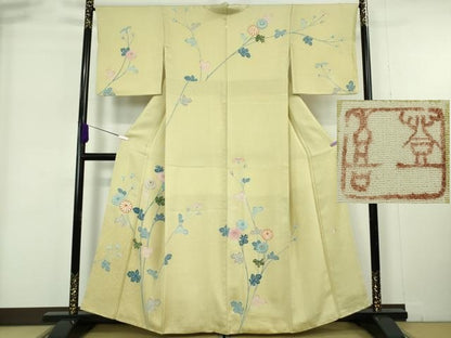 平和屋着物●極上　人間国宝・羽田登喜男　訪問着　駒刺繍　枝菊　たたき染め　逸品　DZAB6174kh6