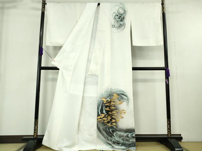 平和屋本店●極上　訪問着　手描き　龍　スパンコール　白地　金銀彩　逸品　未使用　DZAB6175kh6