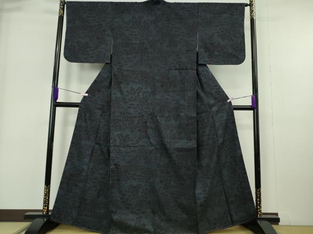 平和屋本店●極上　本場結城紬　重要無形文化財　160亀甲　総詰め　草花文　濃い紺地　逸品　未使用　DZAB6188kh6