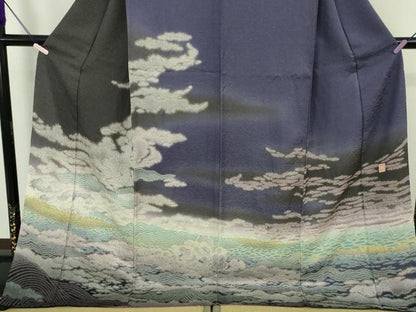 平和屋本店●極上  十日町 名門 滝泰謹製絞り 中国三大刺繍 相良刺繍 訪問着  暈し染め 金糸 金通し地 ロング丈 逸品　DZAB6190kh6