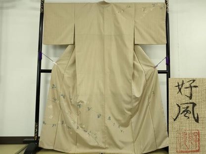 平和屋着物●極上　五代目・諏訪好風　訪問着　紬地　枝花文　枯色地　逸品　DZAB6194kh6