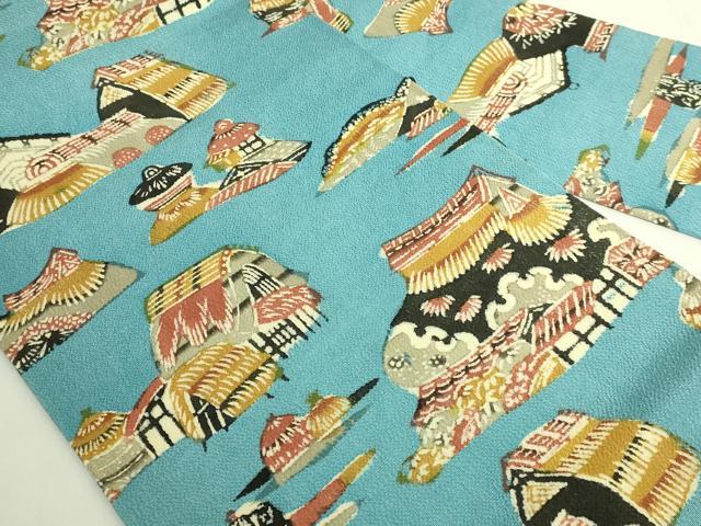 平和屋本店●極上　人間国宝　芹沢圭介　型絵染　九寸名古屋帯　風景文　水色　鬼しぼ縮緬　落款有り　逸品　DZAB6211kh6