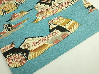 平和屋本店●極上　人間国宝　芹沢圭介　型絵染　九寸名古屋帯　風景文　水色　鬼しぼ縮緬　落款有り　逸品　DZAB6211kh6