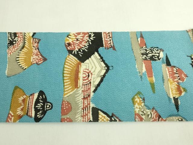 平和屋本店●極上　人間国宝　芹沢圭介　型絵染　九寸名古屋帯　風景文　水色　鬼しぼ縮緬　落款有り　逸品　DZAB6211kh6