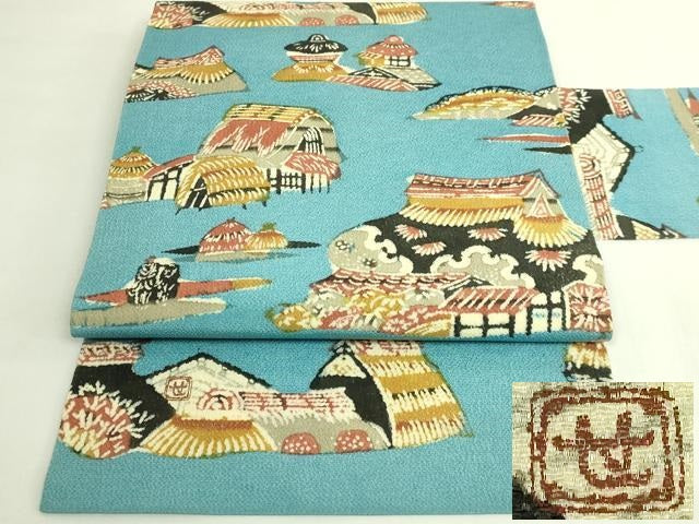 平和屋本店●極上　人間国宝　芹沢圭介　型絵染　九寸名古屋帯　風景文　水色　鬼しぼ縮緬　落款有り　逸品　DZAB6211kh6