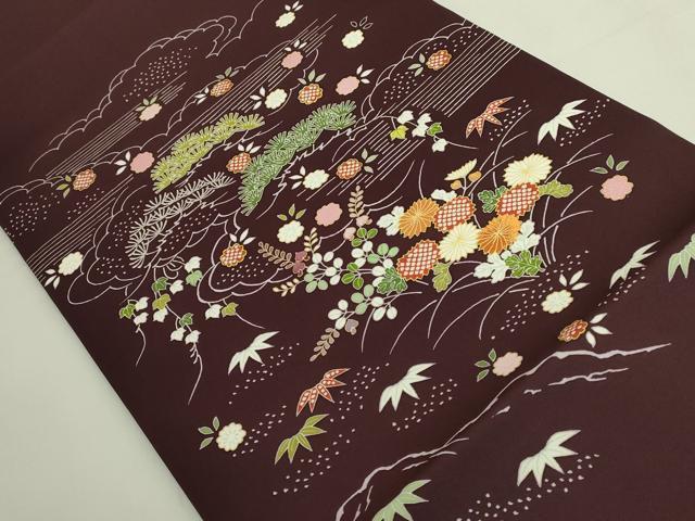 平和屋本店●極上　塩瀬　九寸開き名古屋帯　駒刺繍　御所解花文　金糸　濃い葡萄茶色地　逸品　DZAB6213kh6
