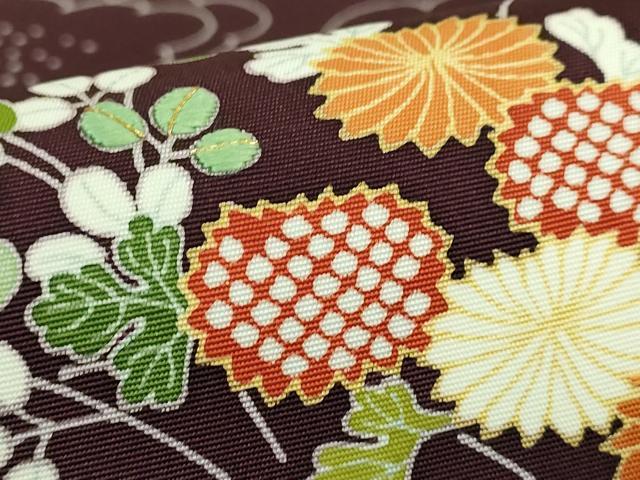 平和屋本店●極上　塩瀬　九寸開き名古屋帯　駒刺繍　御所解花文　金糸　濃い葡萄茶色地　逸品　DZAB6213kh6