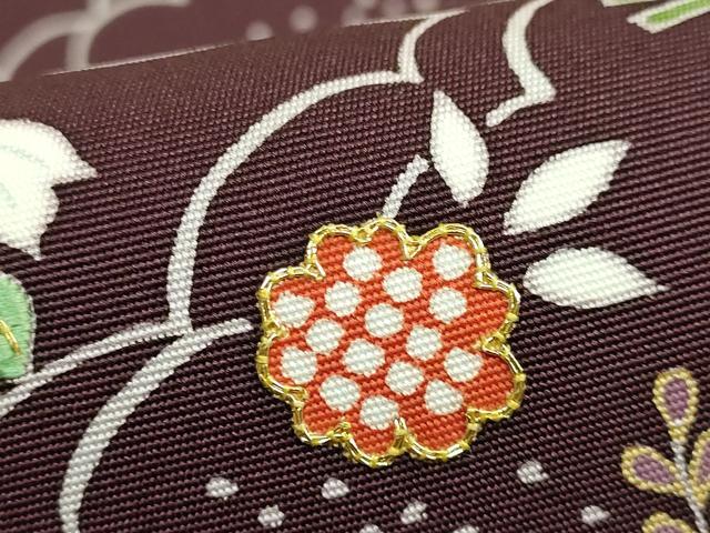 平和屋本店●極上　塩瀬　九寸開き名古屋帯　駒刺繍　御所解花文　金糸　濃い葡萄茶色地　逸品　DZAB6213kh6