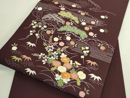 平和屋本店●極上　塩瀬　九寸開き名古屋帯　駒刺繍　御所解花文　金糸　濃い葡萄茶色地　逸品　DZAB6213kh6
