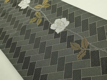 平和屋本店●極上　キモノデザイナー　斉藤上太郎　両面　六通柄袋帯　紗綾形　バラ　薔薇　金銀糸　反端付き　逸品　DZAB6222kh6