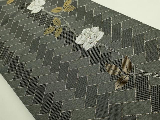平和屋本店●極上　キモノデザイナー　斉藤上太郎　両面　六通柄袋帯　紗綾形　バラ　薔薇　金銀糸　反端付き　逸品　DZAB6222kh6