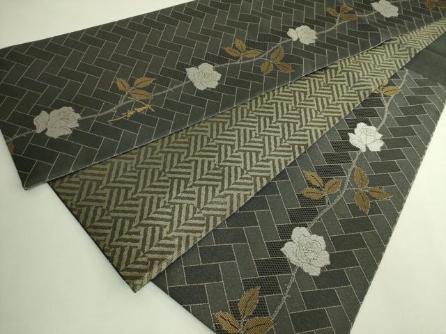 平和屋本店●極上　キモノデザイナー　斉藤上太郎　両面　六通柄袋帯　紗綾形　バラ　薔薇　金銀糸　反端付き　逸品　DZAB6222kh6