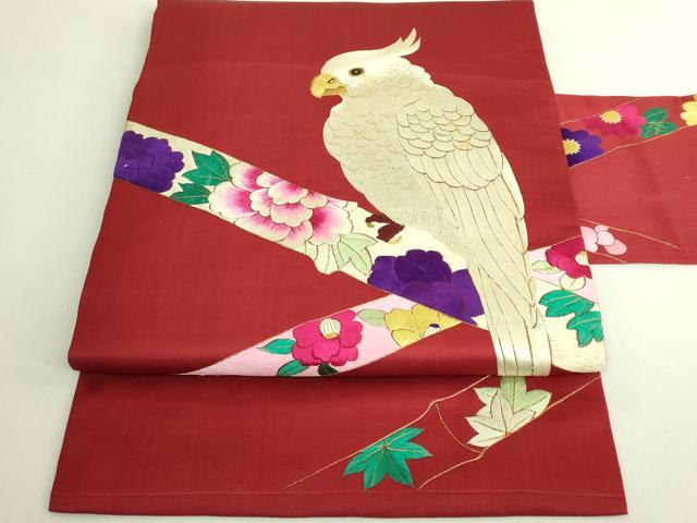 平和屋本店●極上　アンティーク　大正ロマン　九寸名古屋帯　総手刺繍　インコ　金糸　逸品　DZAB6232kh6